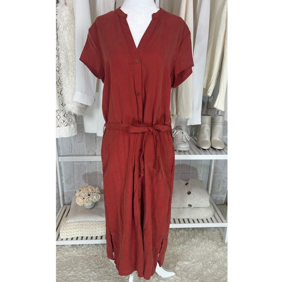 Long Tall Sally Women's Sz 8 Tall Burnt Orange Midi Tie Waist Shirt Dress #0600 - Picture 1 of 14